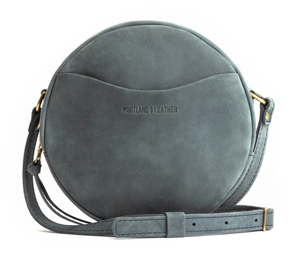 Portland Leather Circle Canteen Style Crossbody Bag Purse Blue Gray